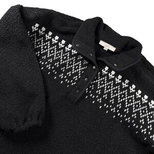LOFT Black White Fair Isle Fleece Pullover Sweater Women XXL Snap Neck Cozy Boxy